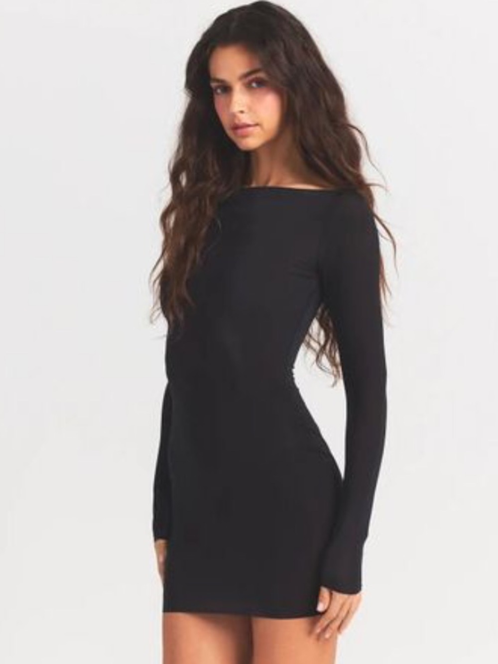 Skims Milky Sheer Boatneck Long Sleeve Mini Dress Onyx Black XS NWT!!